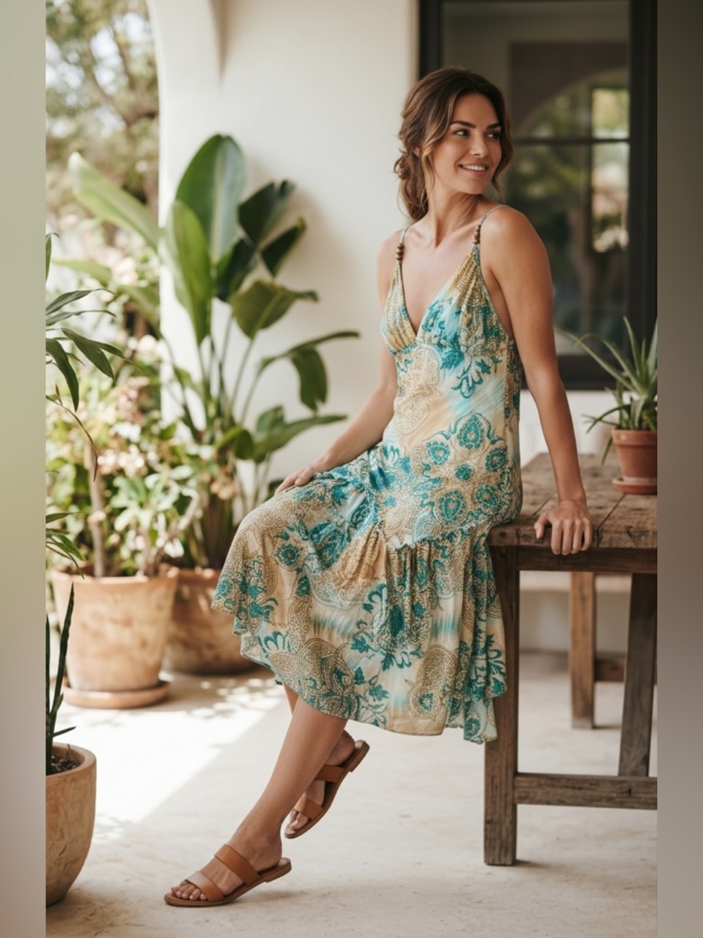 Ecco Mi Boho Teal Tan Paisley Beaded Strap Handkerchief Hem Dress M